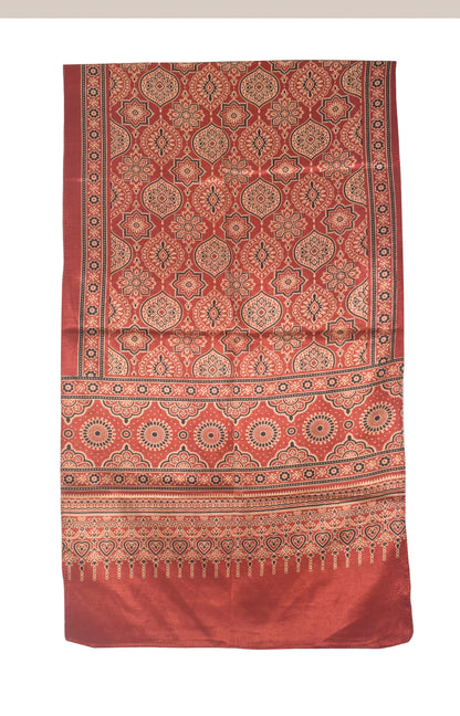Ajrakh Mashru Silk Natural Dye Two Colour Kam Screen Hand Printed Stole  - 2.1 Mtr Length   -  SKU : JH27701C