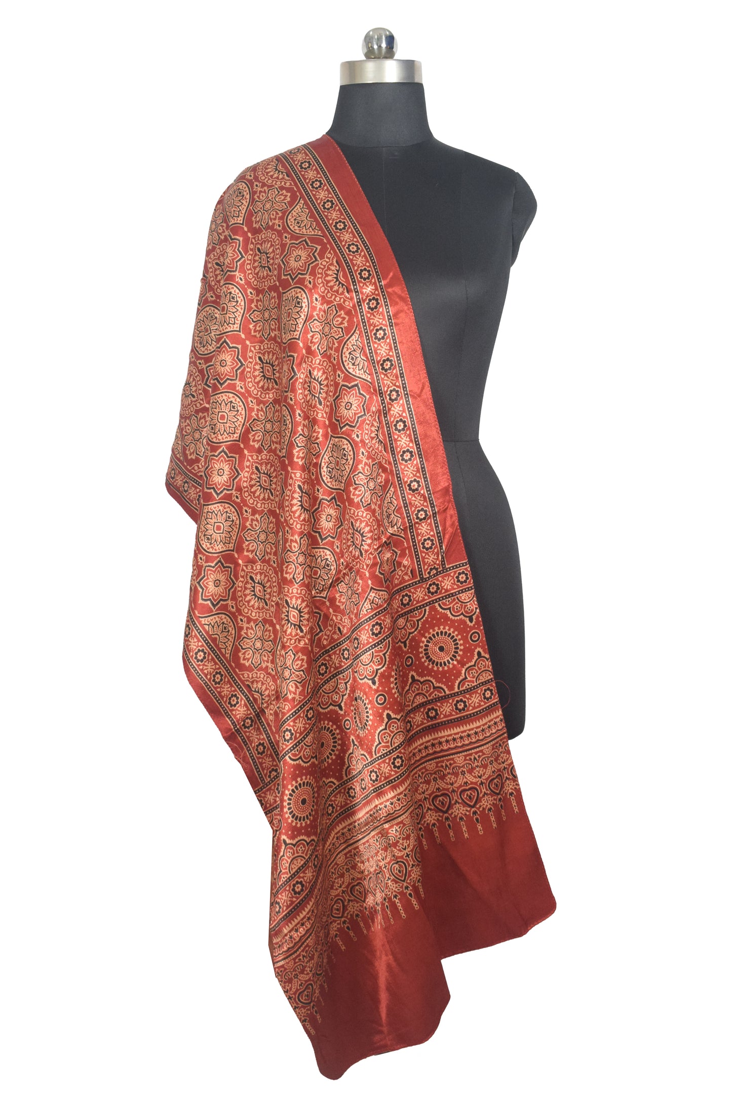 Ajrakh Mashru Silk Natural Dye Two Colour Kam Screen Hand Printed Stole  - 2.1 Mtr Length   -  SKU : JH27701C