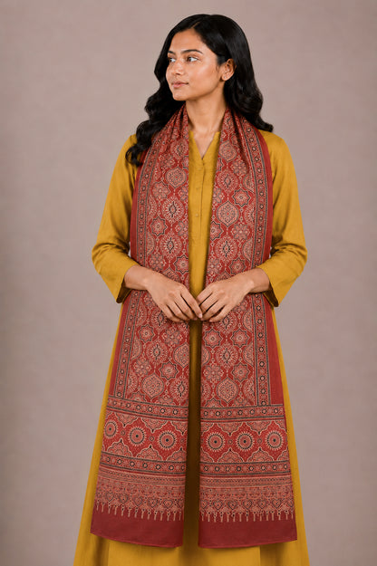 Ajrakh Mashru Silk Natural Dye Two Colour Kam Screen Hand Printed Stole  - 2.1 Mtr Length   -  SKU : JH27701C