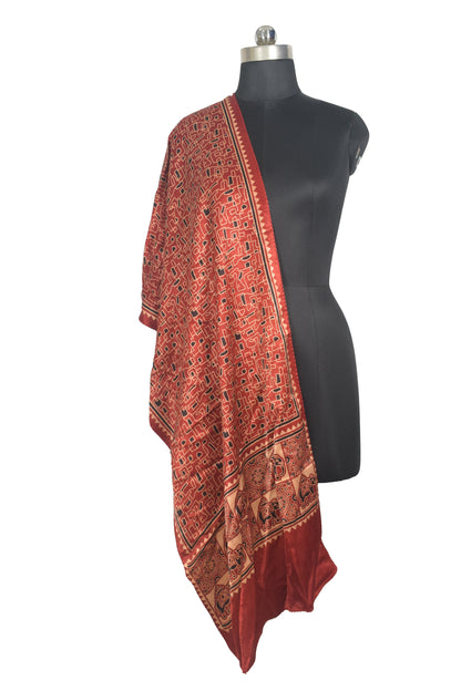 Ajrakh Mashru Silk Natural Dye Two Colour Kam Screen Hand Printed Stole  - 2.1 Mtr Length   -  SKU : JH27701E