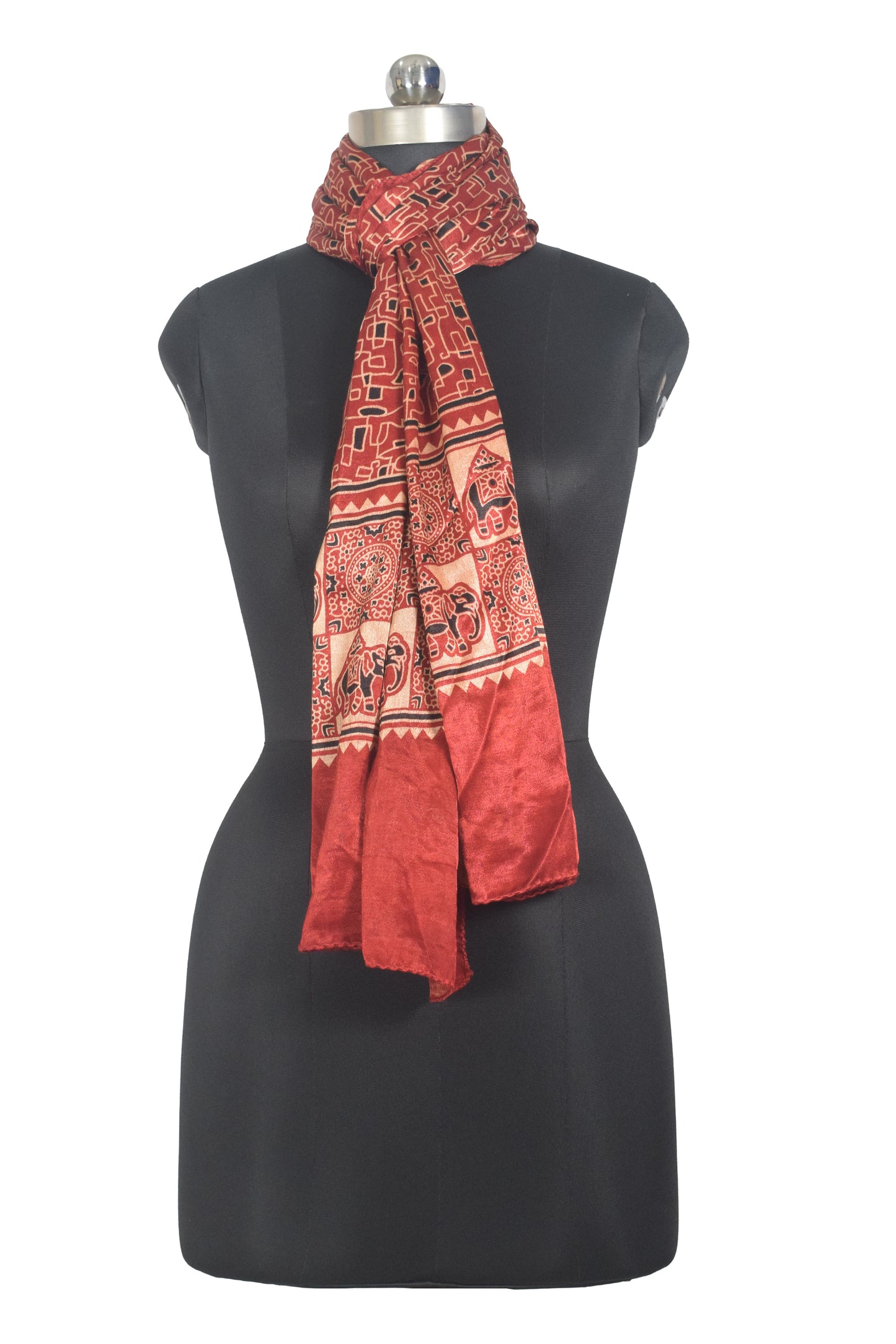 Ajrakh Mashru Silk Natural Dye Two Colour Kam Screen Hand Printed Stole  - 2.1 Mtr Length   -  SKU : JH27701E