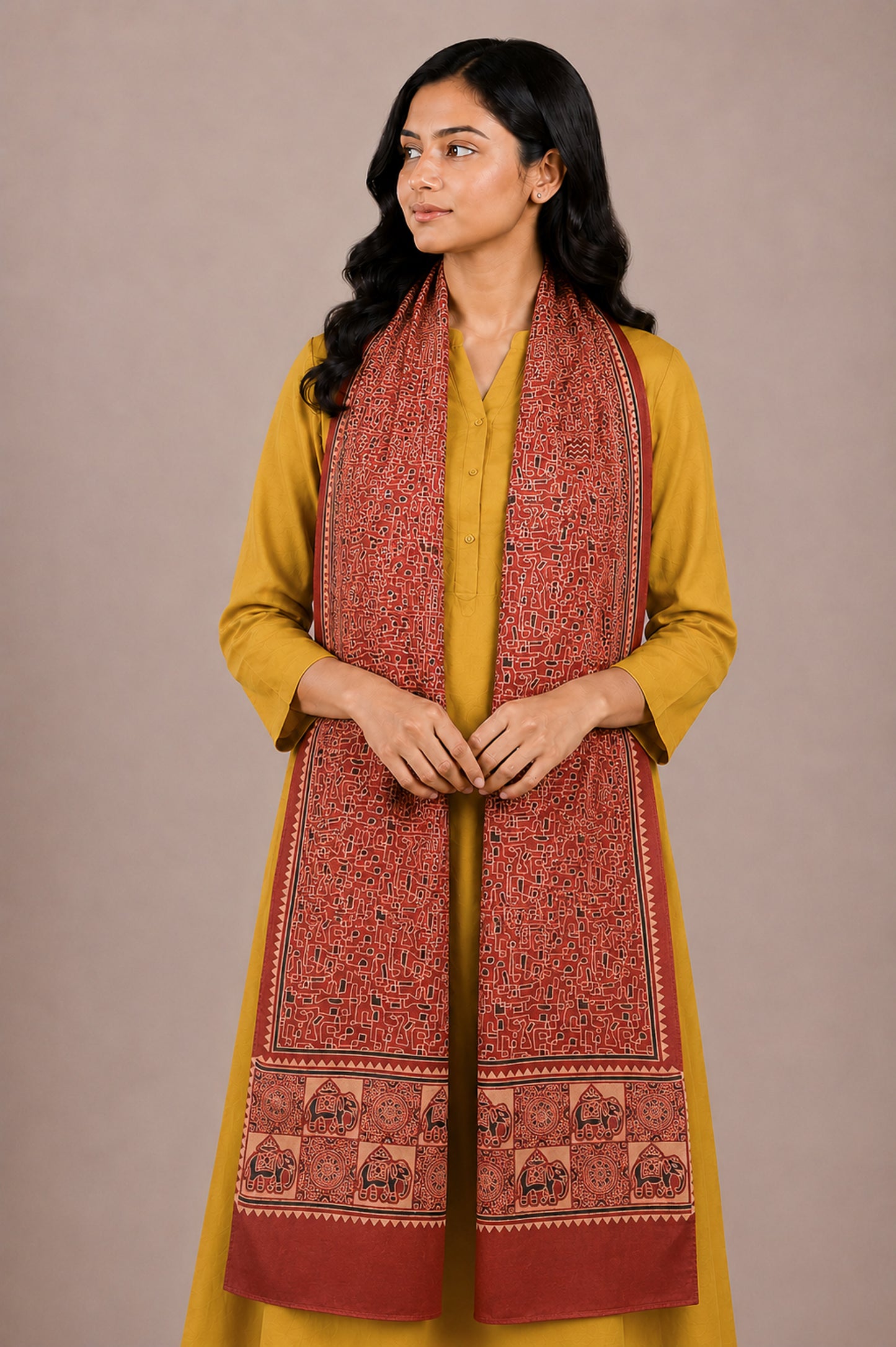 Ajrakh Mashru Silk Natural Dye Two Colour Kam Screen Hand Printed Stole  - 2.1 Mtr Length   -  SKU : JH27701E