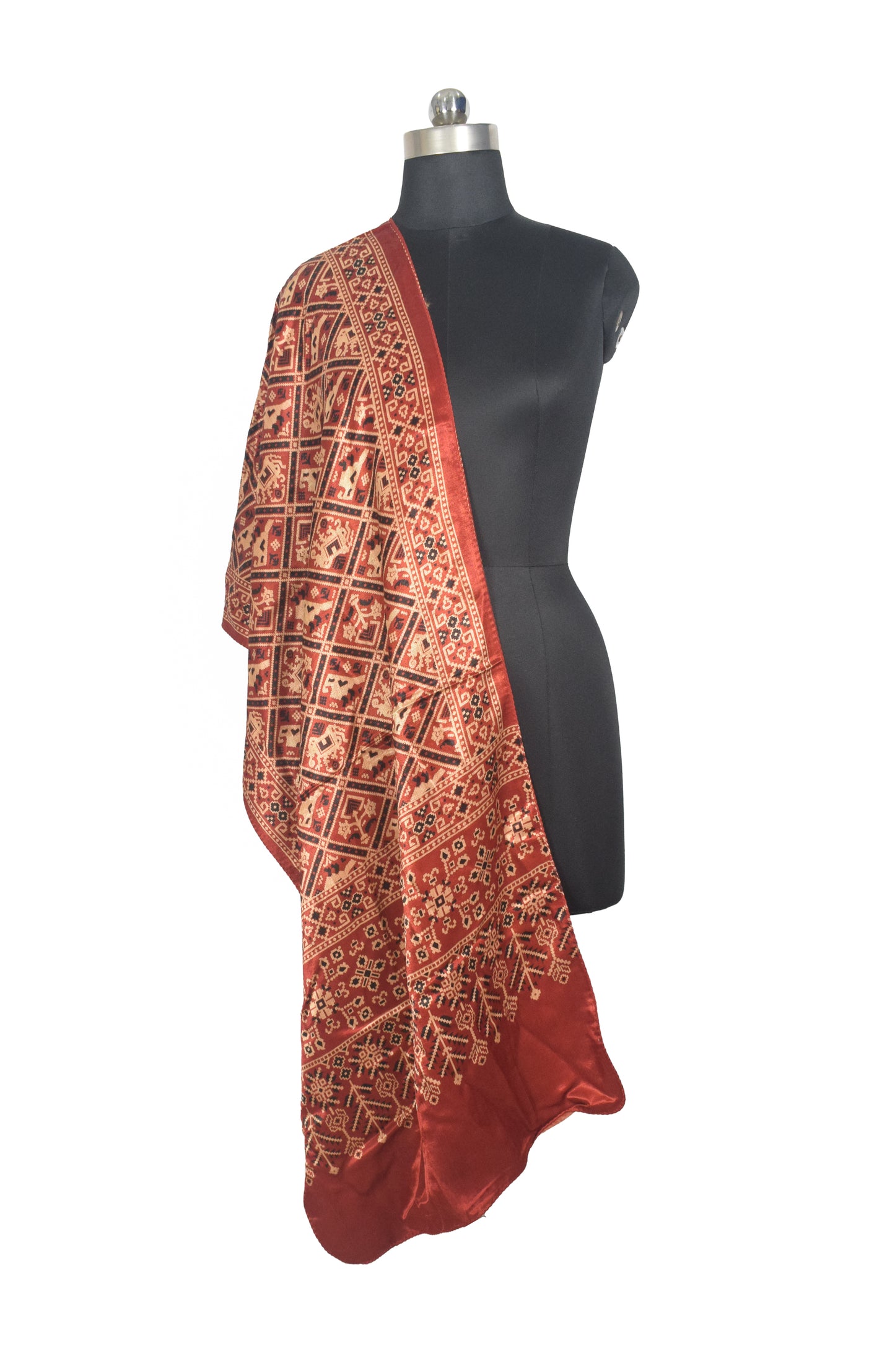 Ajrakh Mashru Silk Natural Dye Two Colour Kam Screen Hand Printed Stole  - 2.1 Mtr Length   -  SKU : JH27701G