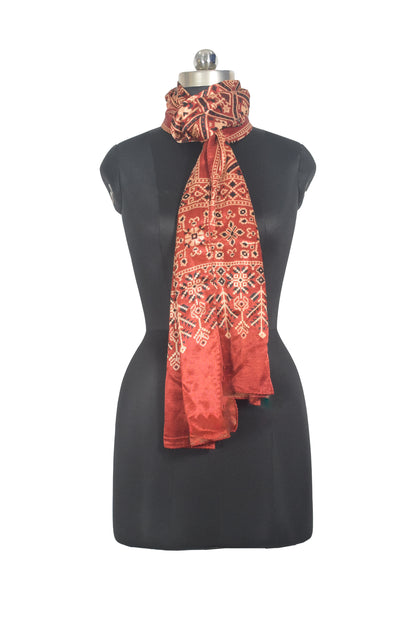 Ajrakh Mashru Silk Natural Dye Two Colour Kam Screen Hand Printed Stole  - 2.1 Mtr Length   -  SKU : JH27701G