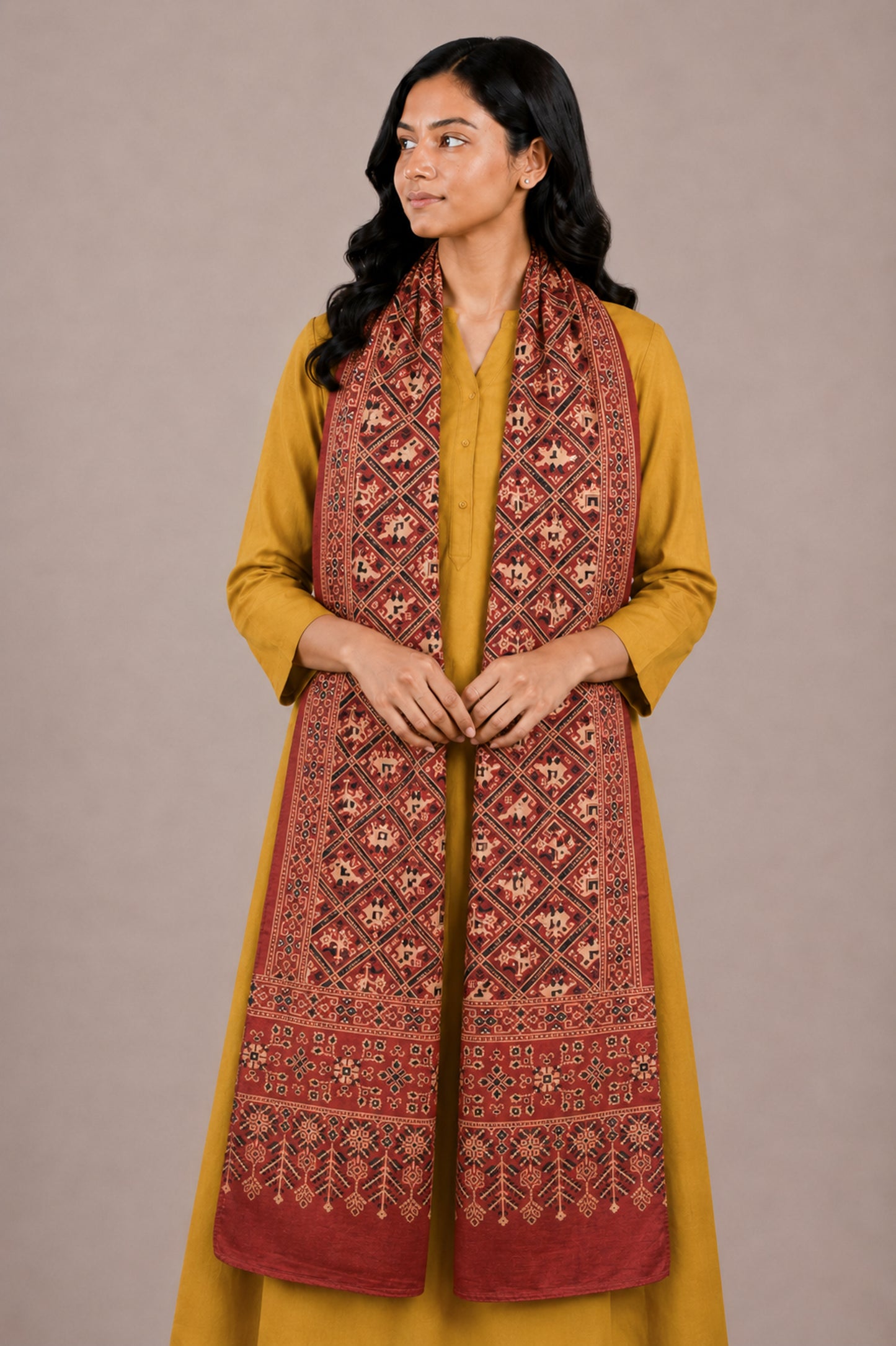 Ajrakh Mashru Silk Natural Dye Two Colour Kam Screen Hand Printed Stole  - 2.1 Mtr Length   -  SKU : JH27701G