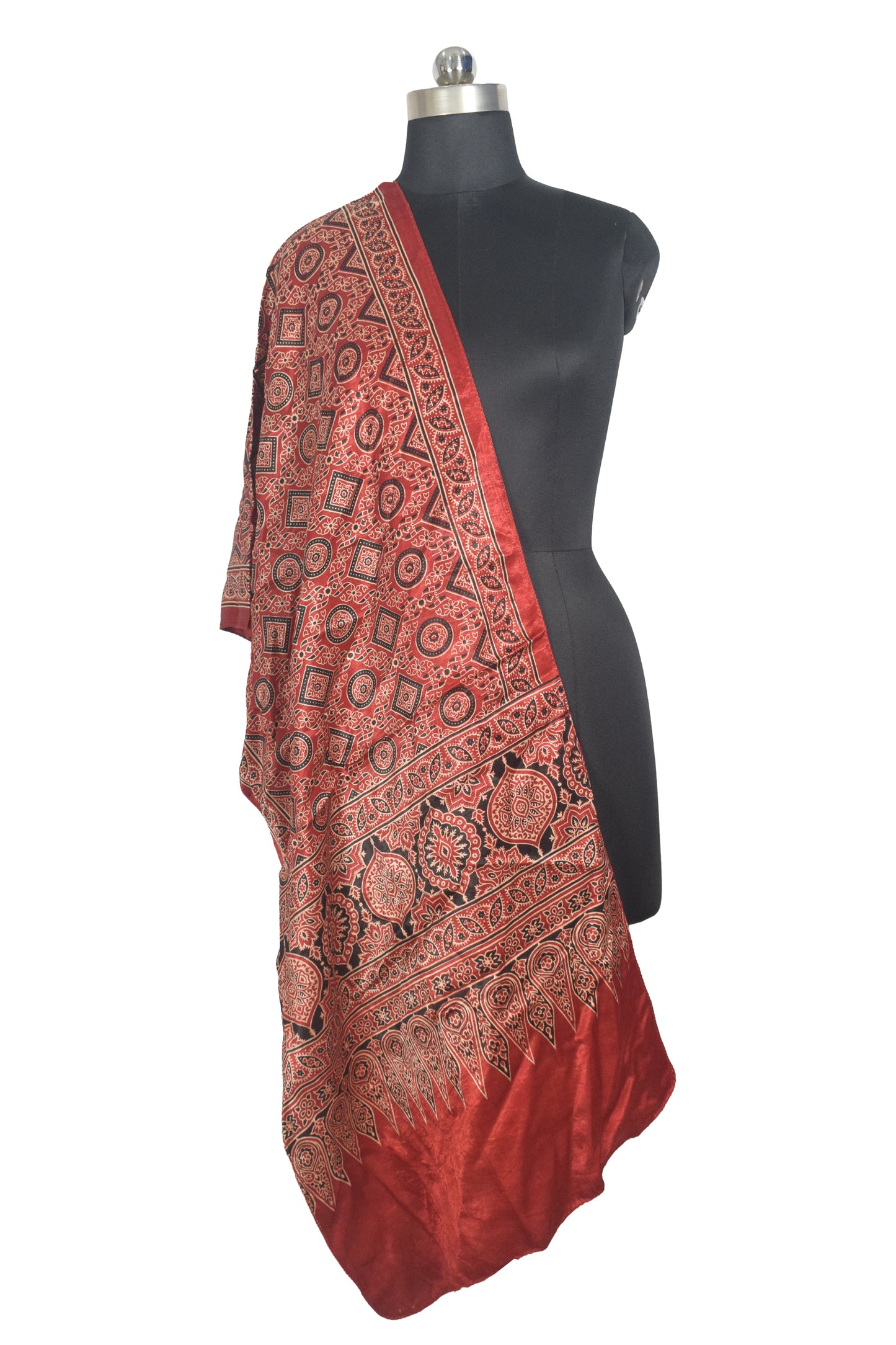 Ajrakh Mashru Silk Natural Dye Two Colour Kam Screen Hand Printed Stole  - 2.1 Mtr Length   -  SKU : JH27701I