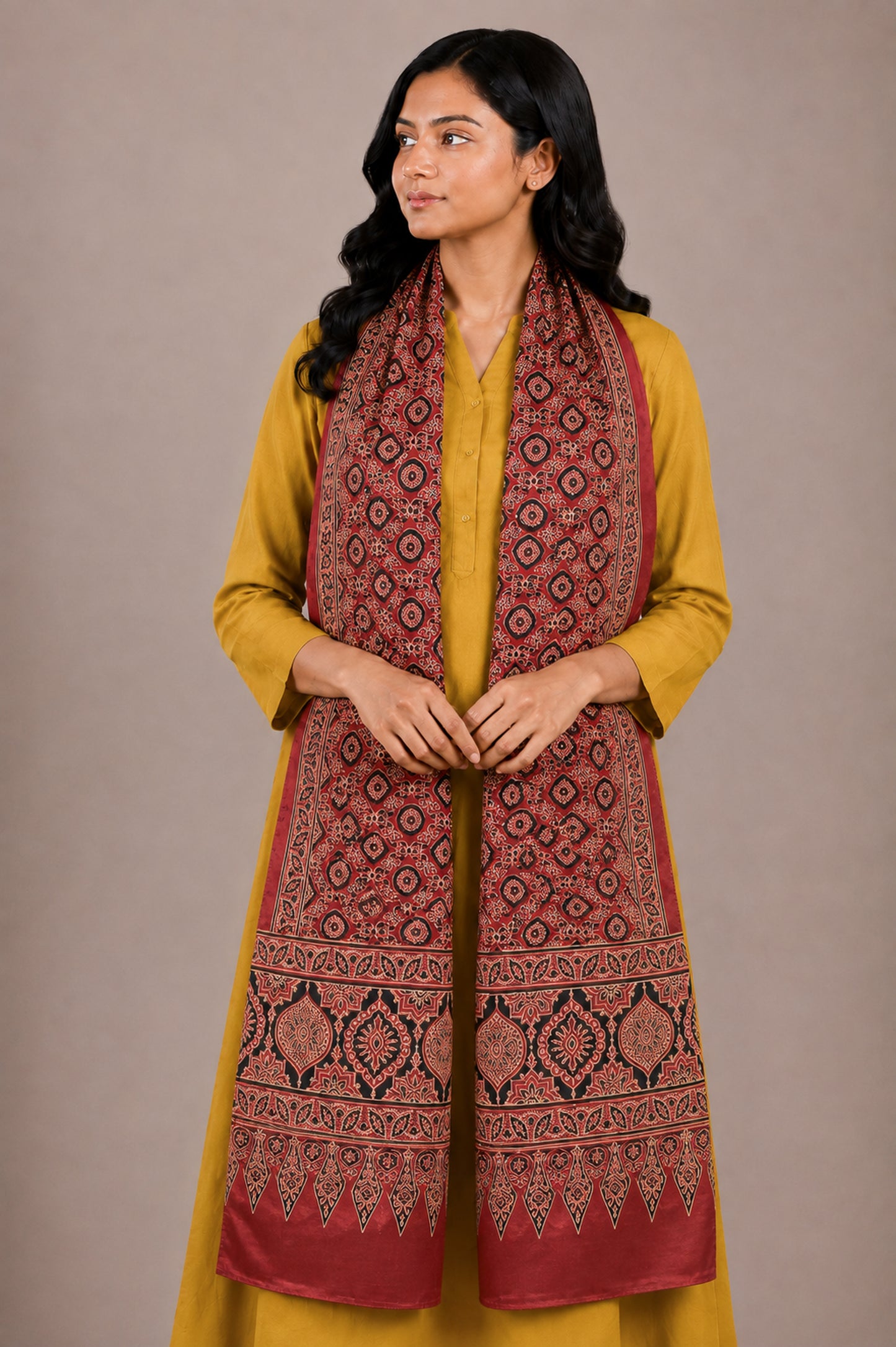 Ajrakh Mashru Silk Natural Dye Two Colour Kam Screen Hand Printed Stole  - 2.1 Mtr Length   -  SKU : JH27701I