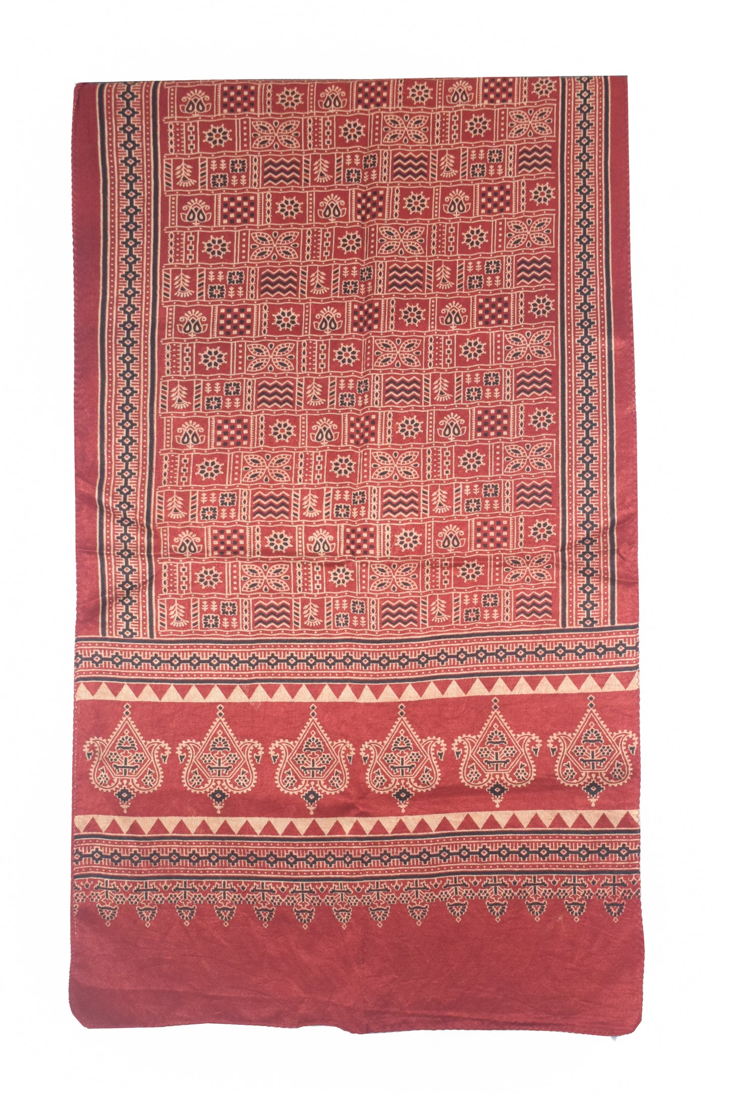 Ajrakh Mashru Silk Natural Dye Two Colour Kam Screen Hand Printed Stole  - 2.1 Mtr Length   -  SKU : JH27701K