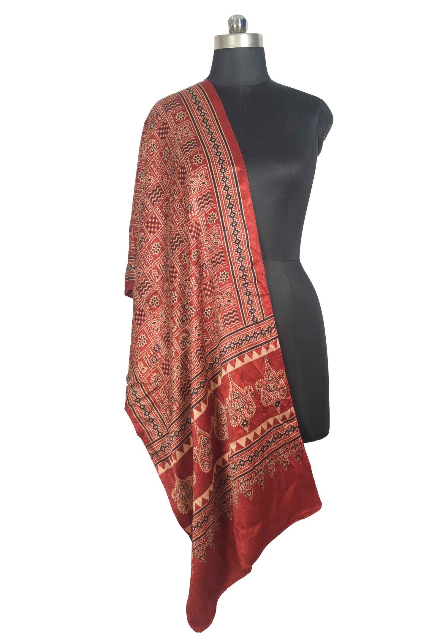 Ajrakh Mashru Silk Natural Dye Two Colour Kam Screen Hand Printed Stole  - 2.1 Mtr Length   -  SKU : JH27701K