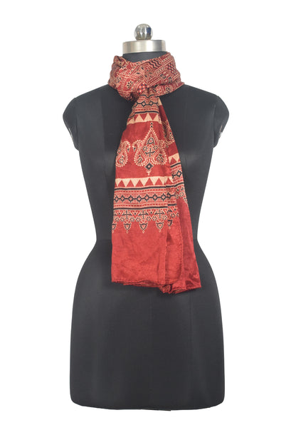 Ajrakh Mashru Silk Natural Dye Two Colour Kam Screen Hand Printed Stole  - 2.1 Mtr Length   -  SKU : JH27701K