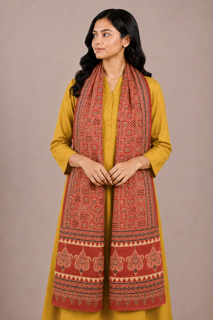 Ajrakh Mashru Silk Natural Dye Two Colour Kam Screen Hand Printed Stole  - 2.1 Mtr Length   -  SKU : JH27701K