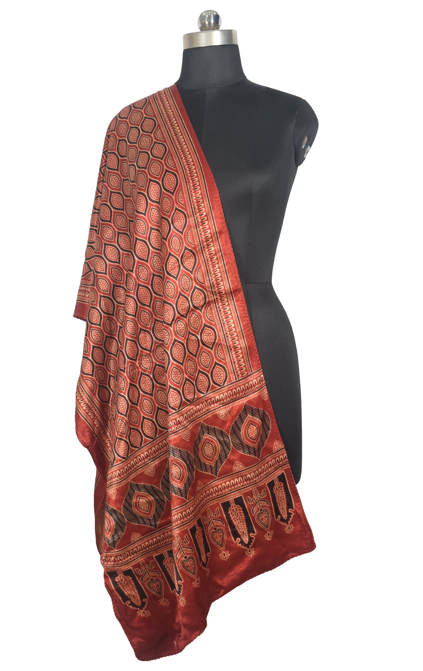 Ajrakh Mashru Silk Natural Dye Two Colour Kam Screen Hand Printed Stole  - 2.1 Mtr Length   -  SKU : JH27701M