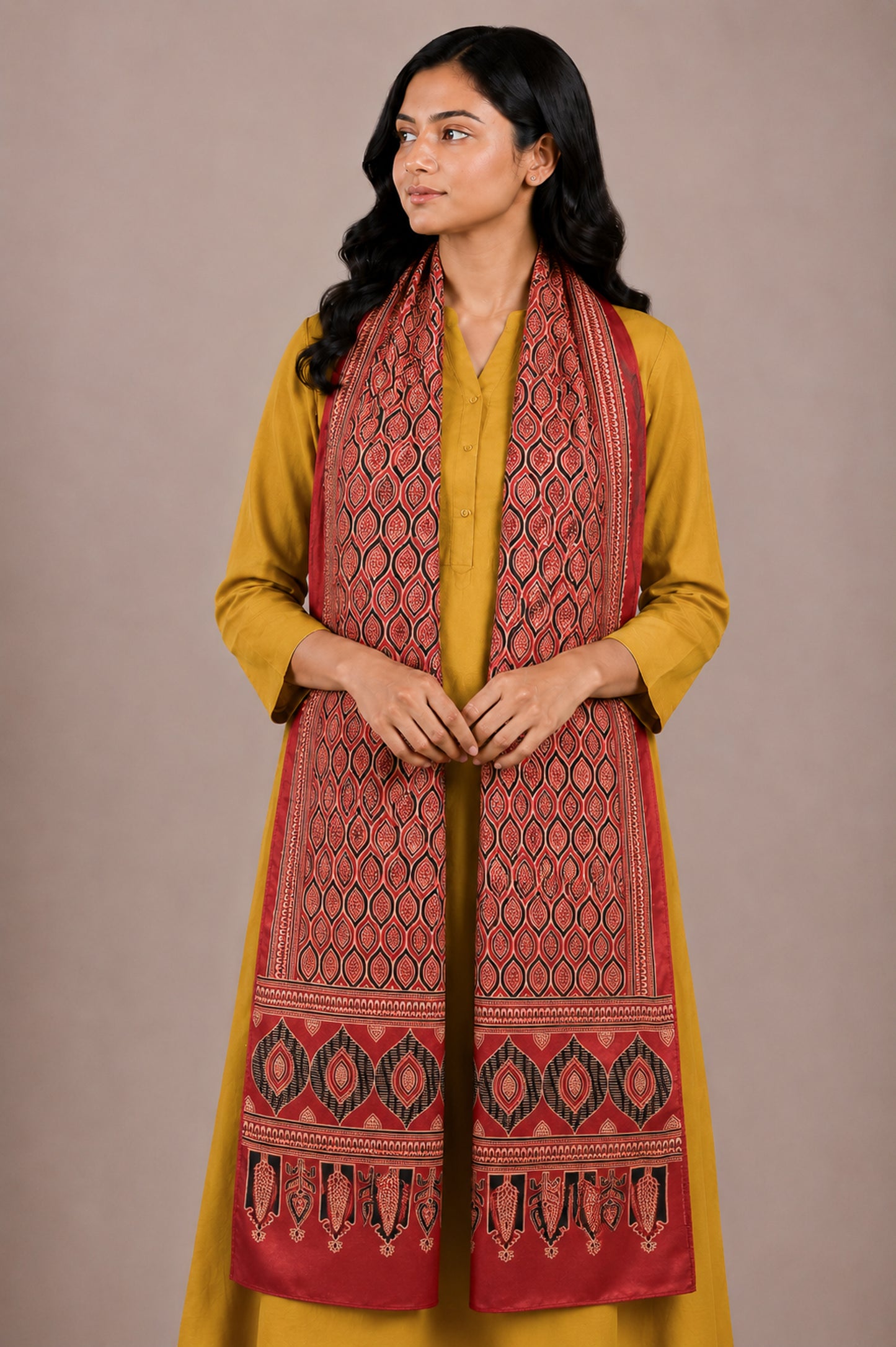 Ajrakh Mashru Silk Natural Dye Two Colour Kam Screen Hand Printed Stole  - 2.1 Mtr Length   -  SKU : JH27701M