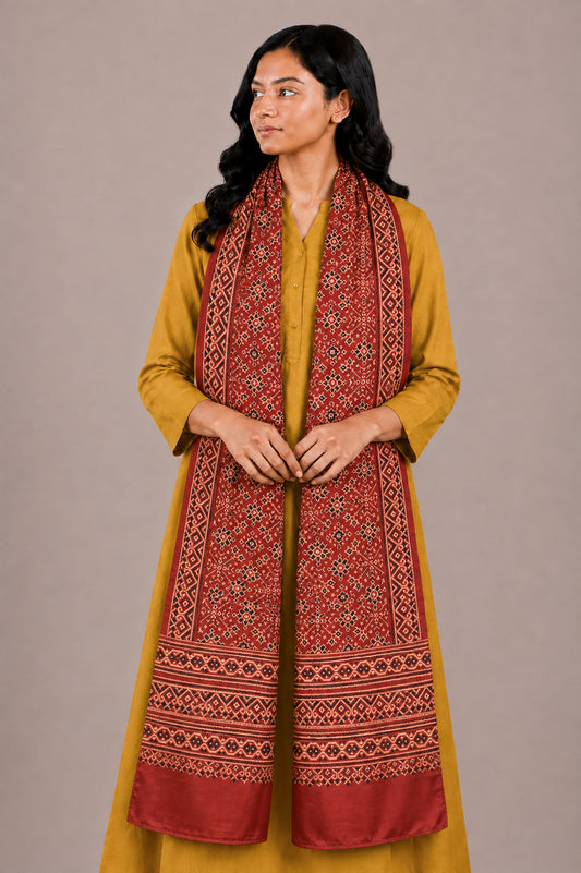 Ajrakh Mashru Silk Natural Dye Two Colour Kam Screen Hand Printed Stole  - 2.1 Mtr Length   -  SKU : JH28701A