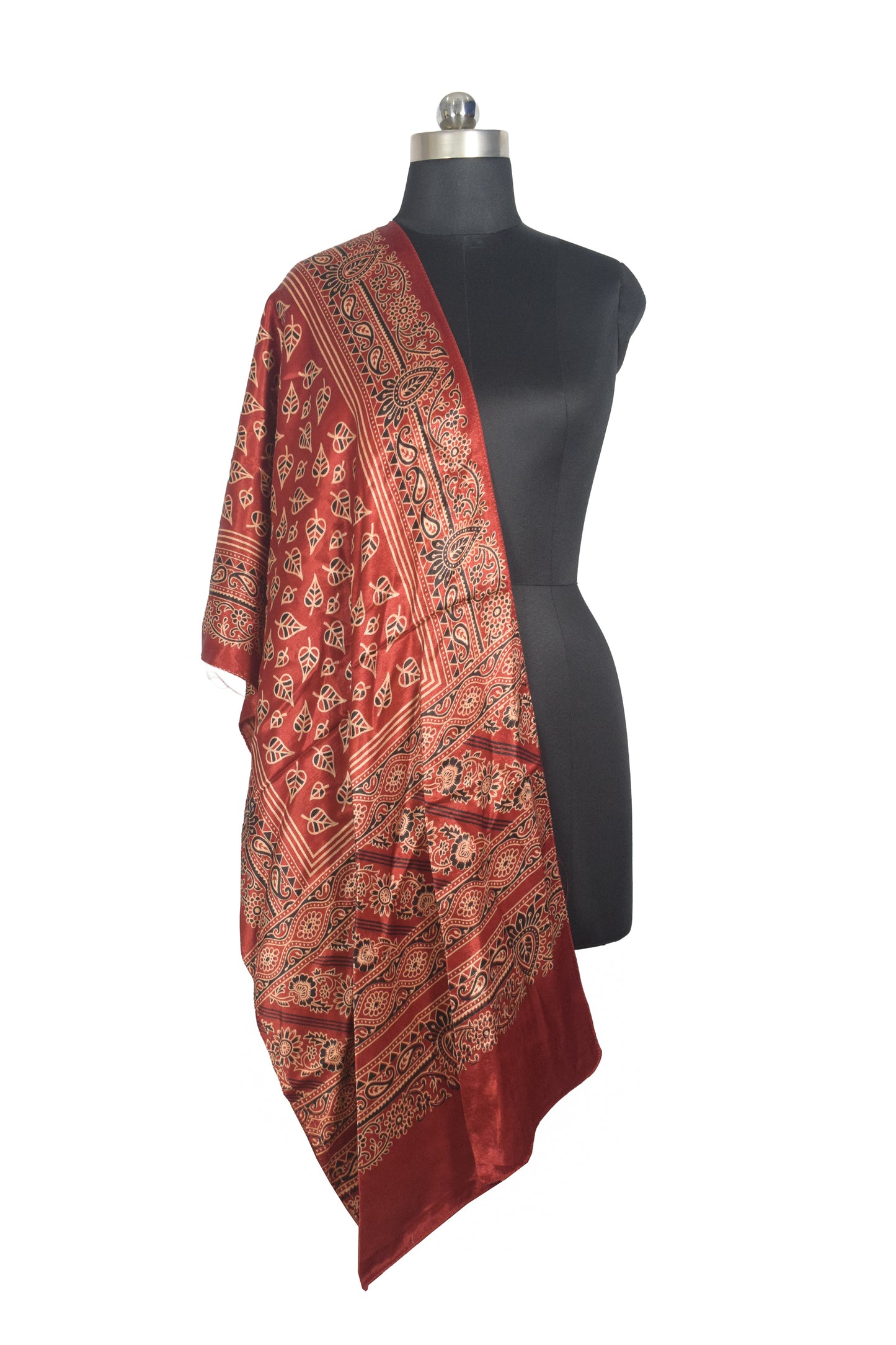 Ajrakh Mashru Silk Natural Dye Two Colour Kam Screen Hand Printed Stole  - 2.1 Mtr Length   -  SKU : JH28701C