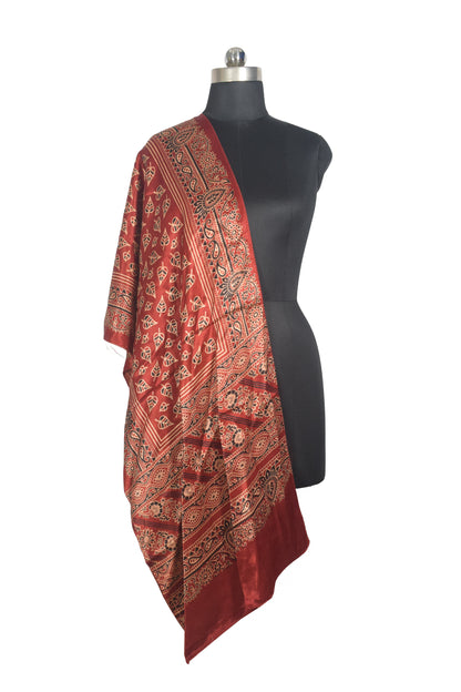 Ajrakh Mashru Silk Natural Dye Two Colour Kam Screen Hand Printed Stole  - 2.1 Mtr Length   -  SKU : JH28701C