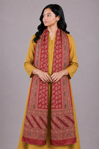 Ajrakh Mashru Silk Natural Dye Two Colour Kam Screen Hand Printed Stole  - 2.1 Mtr Length   -  SKU : JH28701C