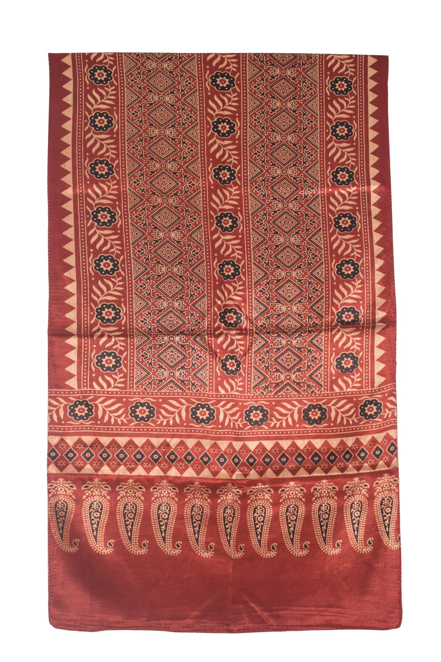 Ajrakh Mashru Silk Natural Dye Two Colour Kam Screen Hand Printed Stole  - 2.1 Mtr Length   -  SKU : JH28701E