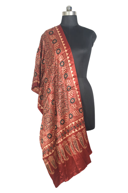 Ajrakh Mashru Silk Natural Dye Two Colour Kam Screen Hand Printed Stole  - 2.1 Mtr Length   -  SKU : JH28701E