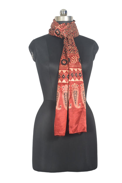 Ajrakh Mashru Silk Natural Dye Two Colour Kam Screen Hand Printed Stole  - 2.1 Mtr Length   -  SKU : JH28701E