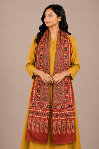 Ajrakh Mashru Silk Natural Dye Two Colour Kam Screen Hand Printed Stole  - 2.1 Mtr Length   -  SKU : JH28701E
