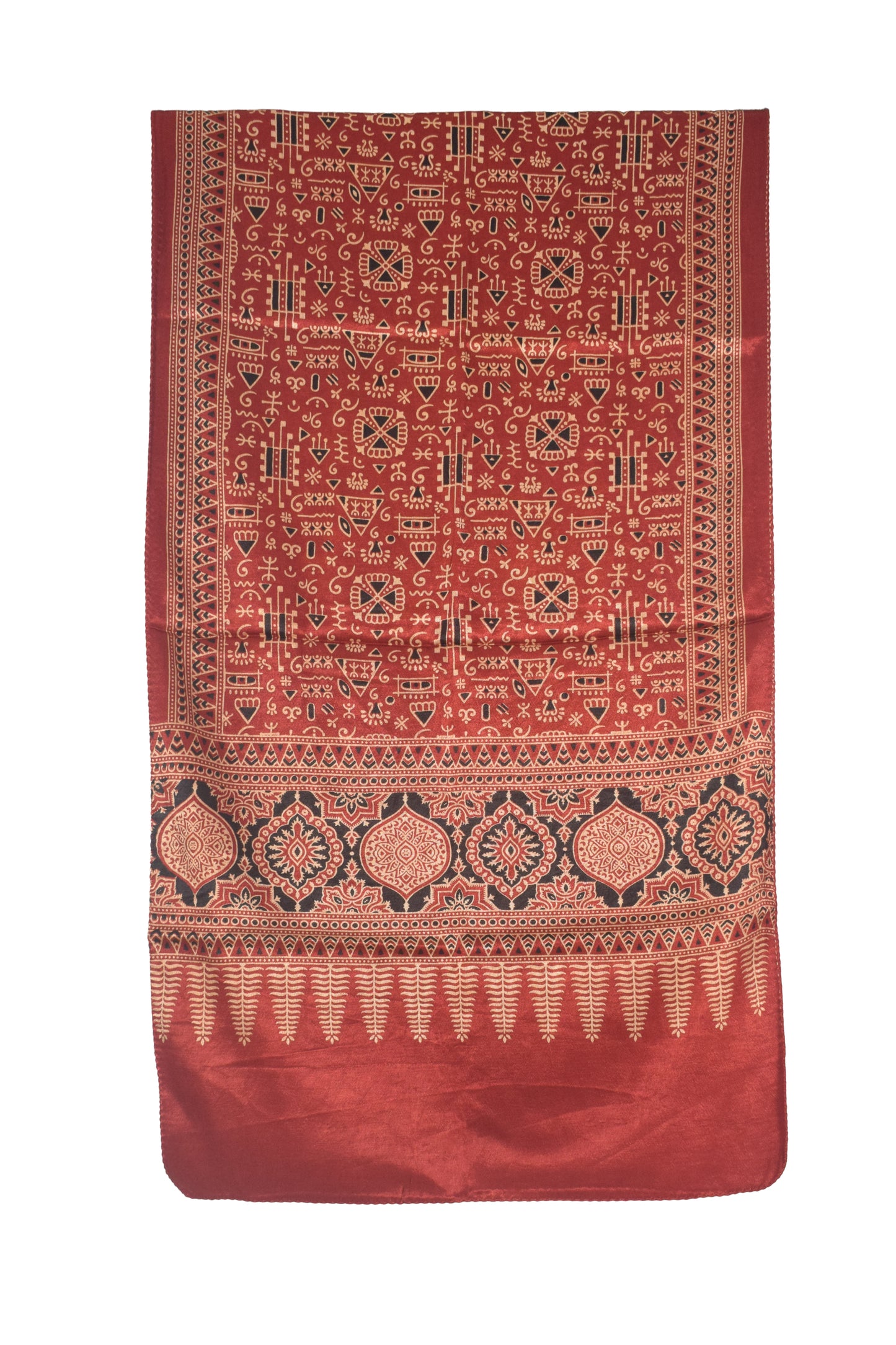 Ajrakh Mashru Silk Natural Dye Two Colour Kam Screen Hand Printed Stole  - 2.1 Mtr Length   -  SKU : JH28701G