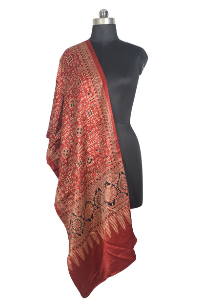Ajrakh Mashru Silk Natural Dye Two Colour Kam Screen Hand Printed Stole  - 2.1 Mtr Length   -  SKU : JH28701G