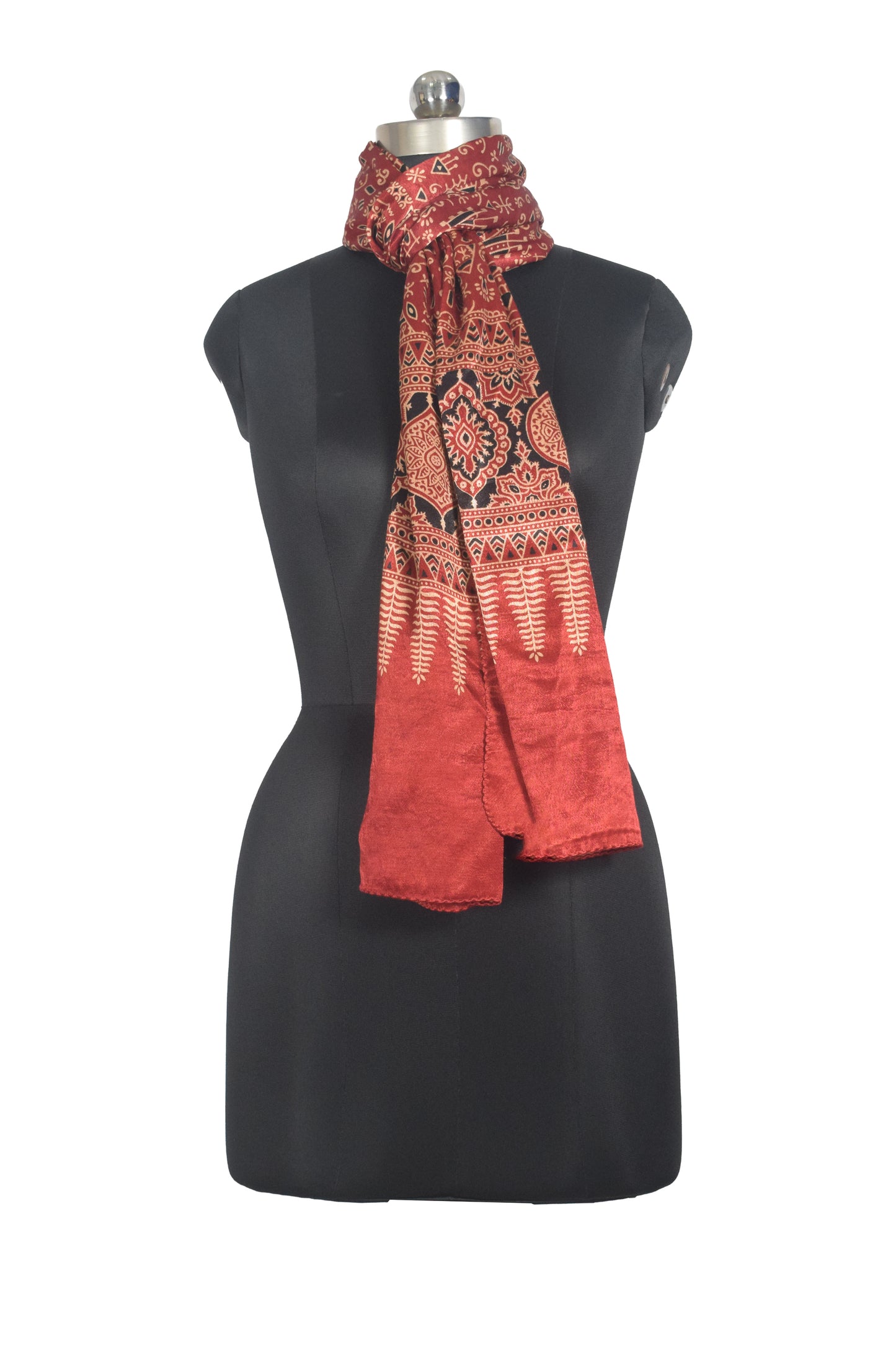 Ajrakh Mashru Silk Natural Dye Two Colour Kam Screen Hand Printed Stole  - 2.1 Mtr Length   -  SKU : JH28701G