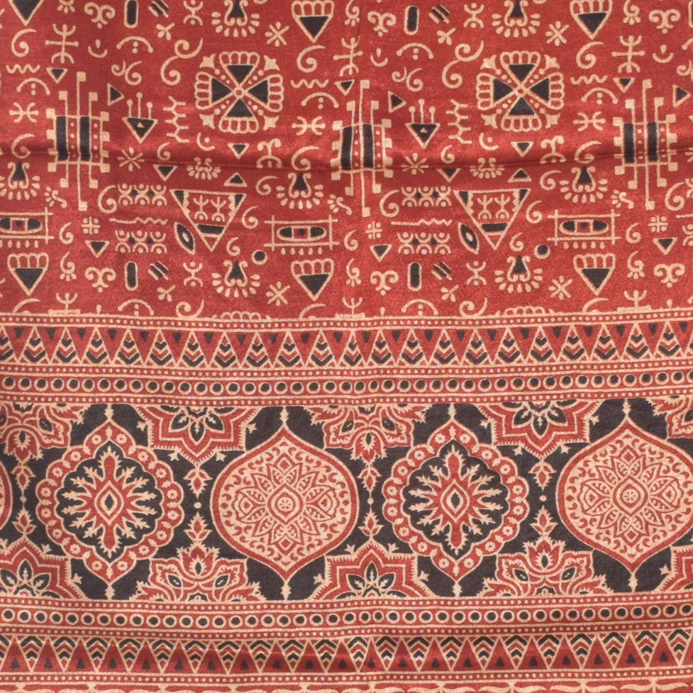 Ajrakh Mashru Silk Natural Dye Two Colour Kam Screen Hand Printed Stole  - 2.1 Mtr Length   -  SKU : JH28701G
