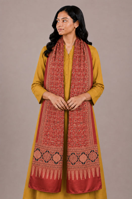 Ajrakh Mashru Silk Natural Dye Two Colour Kam Screen Hand Printed Stole  - 2.1 Mtr Length   -  SKU : JH28701G