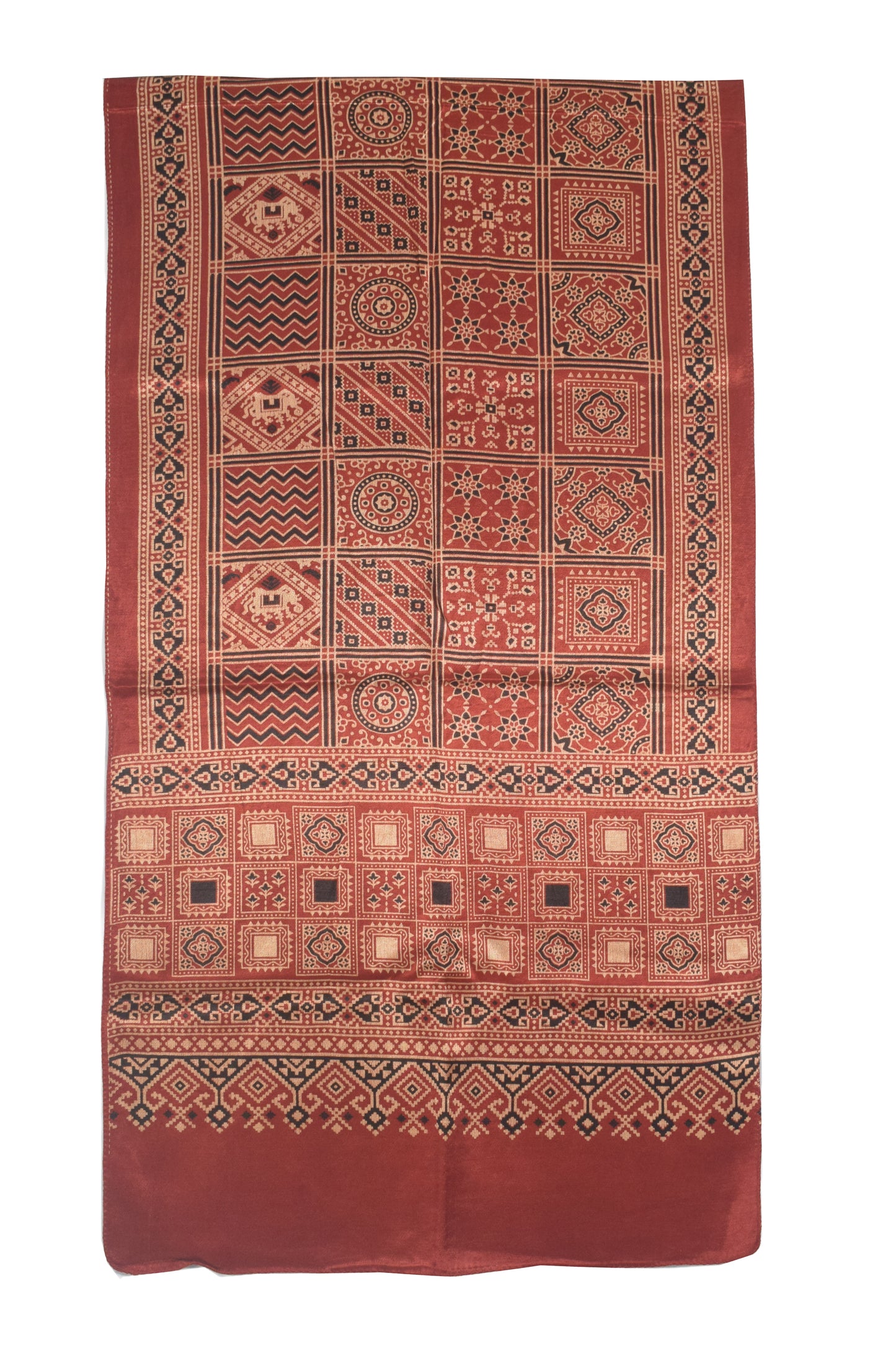 Ajrakh Mashru Silk Natural Dye Two Colour Kam Screen Hand Printed Stole  - 2.1 Mtr Length   -  SKU : JH28701I