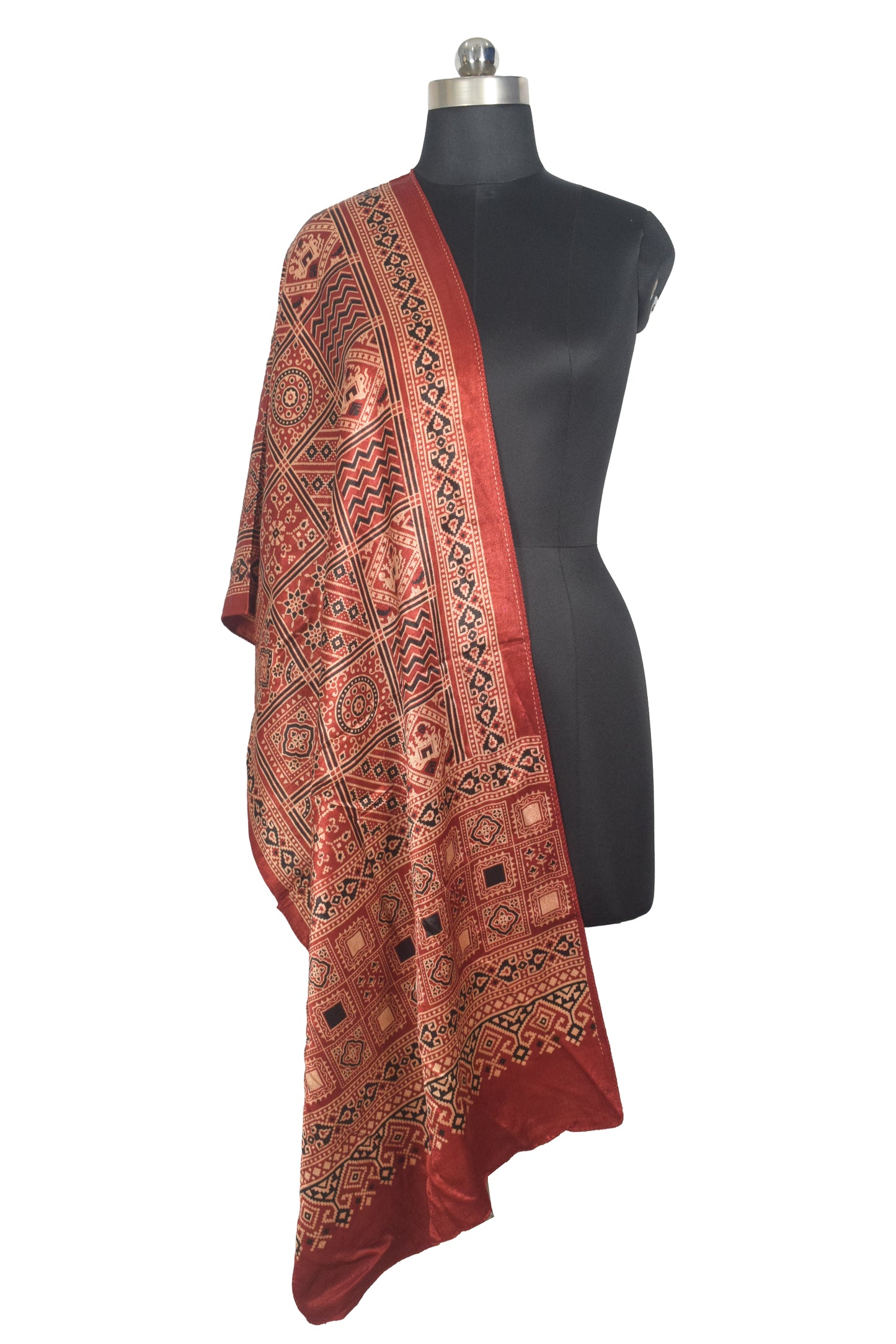 Ajrakh Mashru Silk Natural Dye Two Colour Kam Screen Hand Printed Stole  - 2.1 Mtr Length   -  SKU : JH28701I