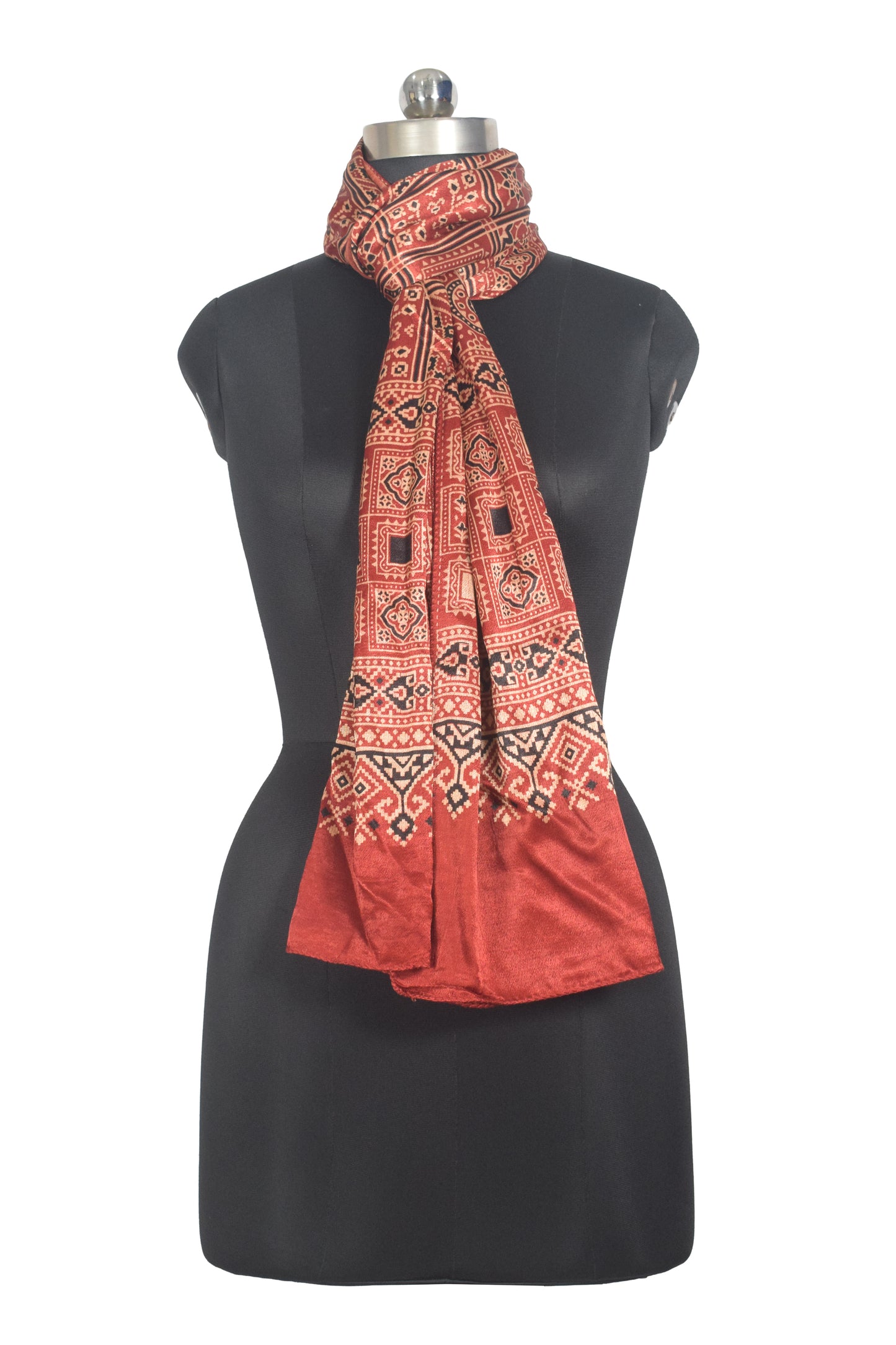 Ajrakh Mashru Silk Natural Dye Two Colour Kam Screen Hand Printed Stole  - 2.1 Mtr Length   -  SKU : JH28701I
