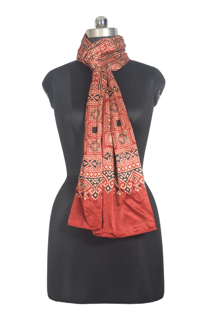 Ajrakh Mashru Silk Natural Dye Two Colour Kam Screen Hand Printed Stole  - 2.1 Mtr Length   -  SKU : JH28701I