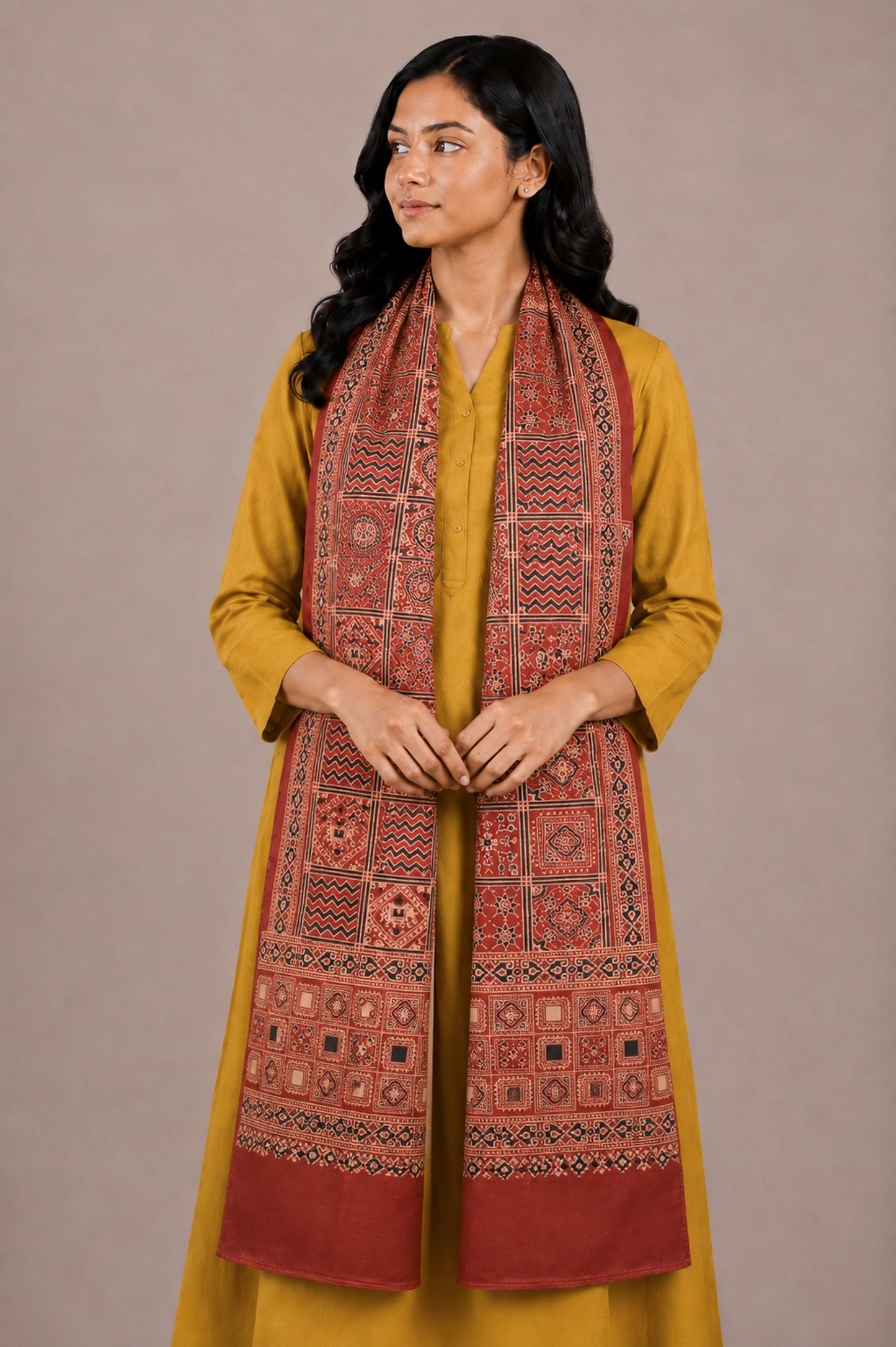Ajrakh Mashru Silk Natural Dye Two Colour Kam Screen Hand Printed Stole  - 2.1 Mtr Length   -  SKU : JH28701I