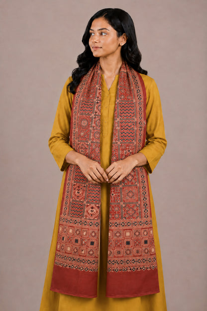 Ajrakh Mashru Silk Natural Dye Two Colour Kam Screen Hand Printed Stole  - 2.1 Mtr Length   -  SKU : JH28701I