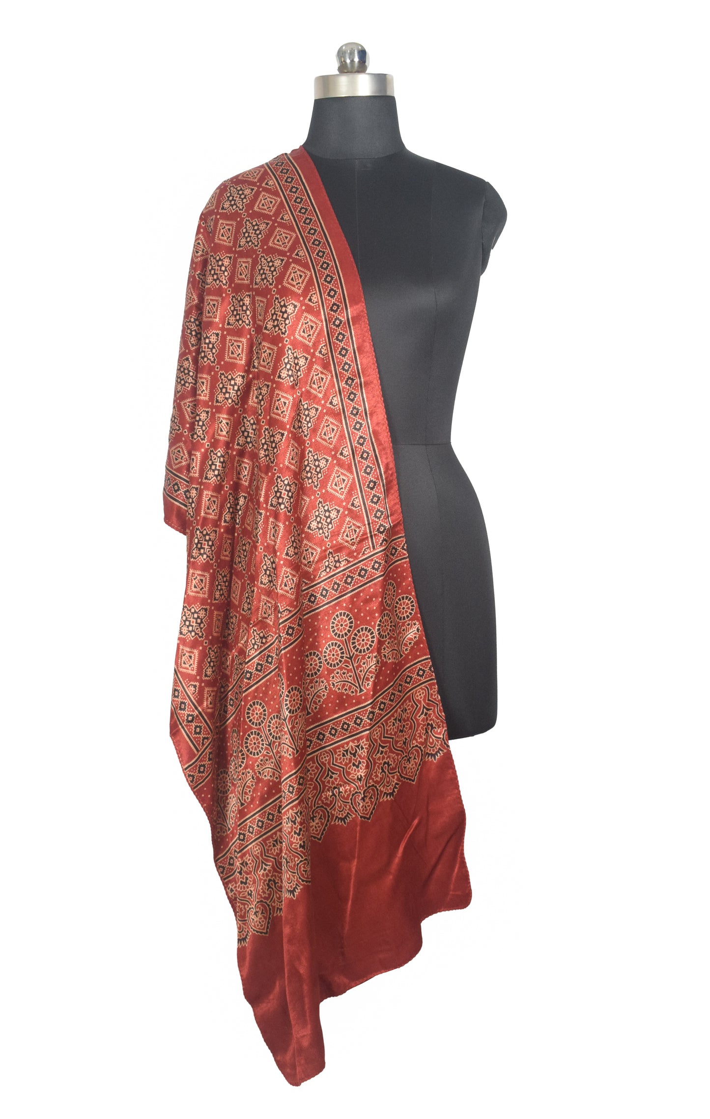 Ajrakh Mashru Silk Natural Dye Two Colour Kam Screen Hand Printed Stole  - 2.1 Mtr Length   -  SKU : JH28701K