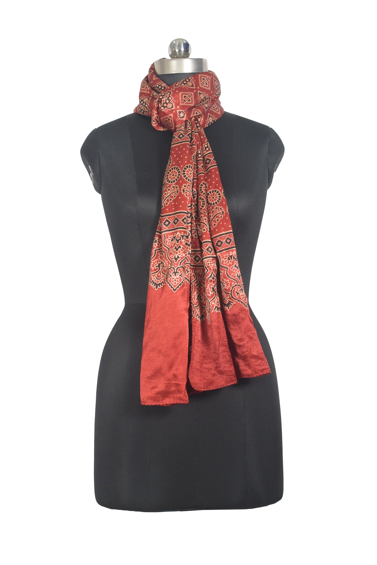 Ajrakh Mashru Silk Natural Dye Two Colour Kam Screen Hand Printed Stole  - 2.1 Mtr Length   -  SKU : JH28701K