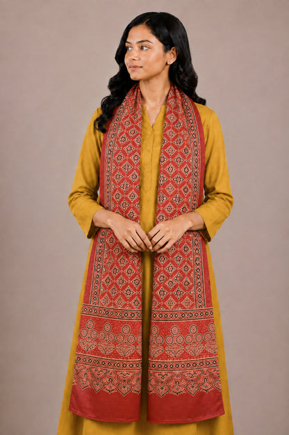 Ajrakh Mashru Silk Natural Dye Two Colour Kam Screen Hand Printed Stole  - 2.1 Mtr Length   -  SKU : JH28701K