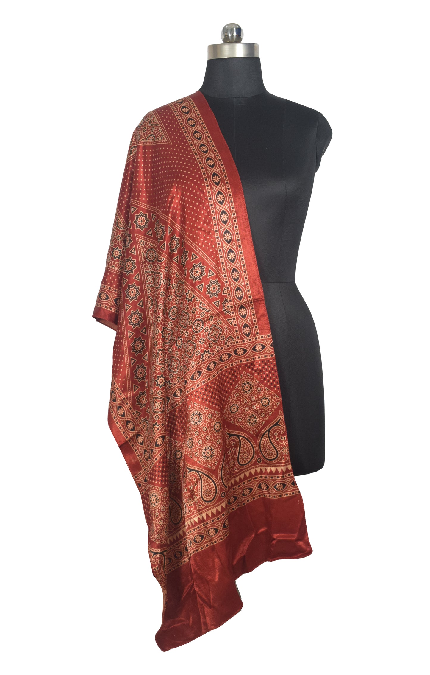 Ajrakh Mashru Silk Natural Dye Two Colour Kam Screen Hand Printed Stole  - 2.1 Mtr Length   -  SKU : JH28701M
