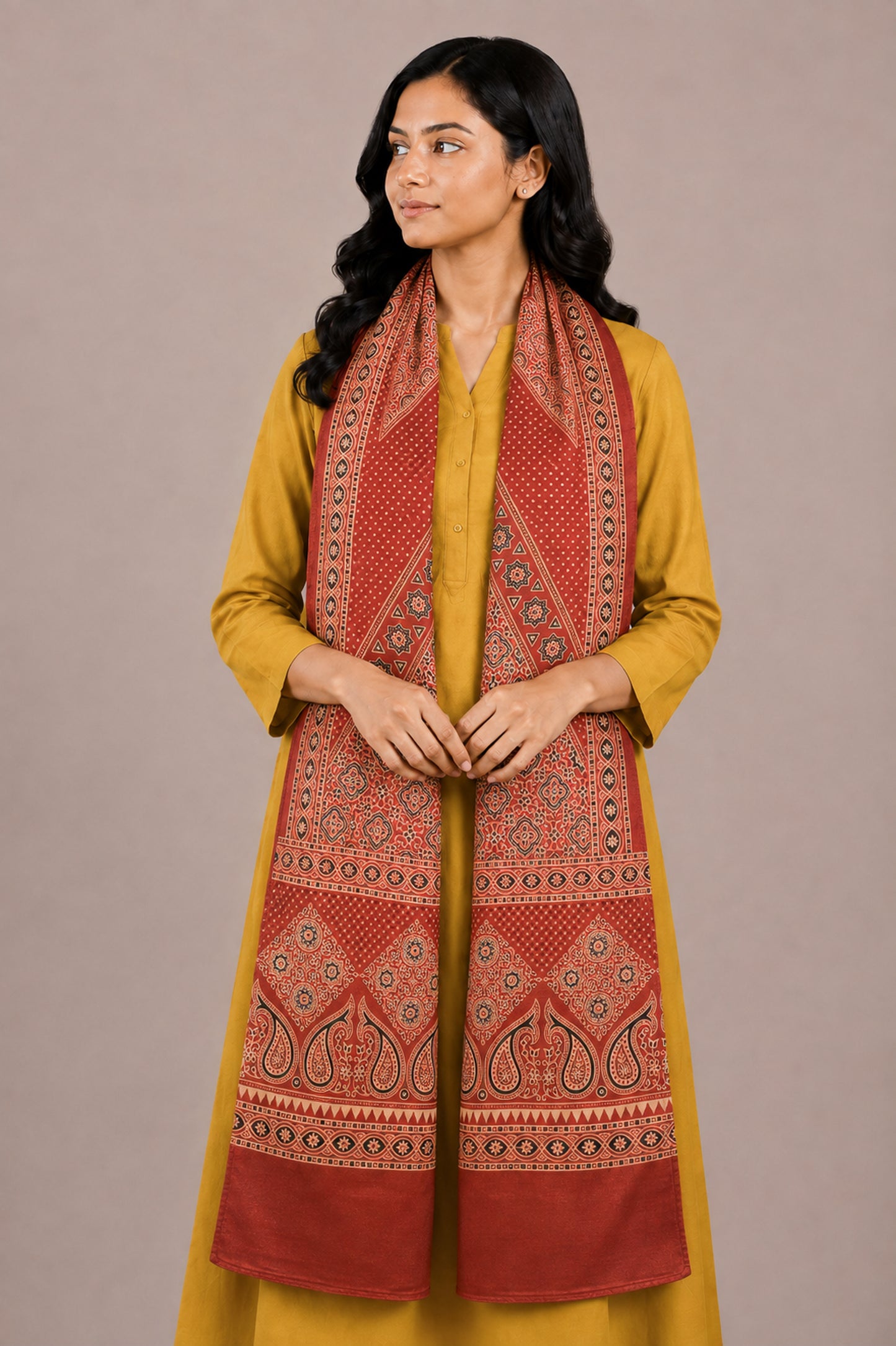 Ajrakh Mashru Silk Natural Dye Two Colour Kam Screen Hand Printed Stole  - 2.1 Mtr Length   -  SKU : JH28701M