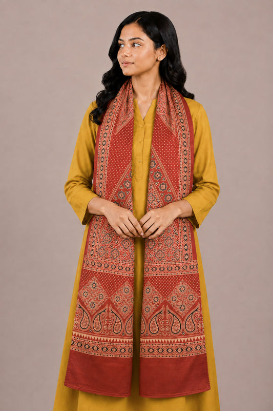 Ajrakh Mashru Silk Natural Dye Two Colour Kam Screen Hand Printed Stole  - 2.1 Mtr Length   -  SKU : JH28701M