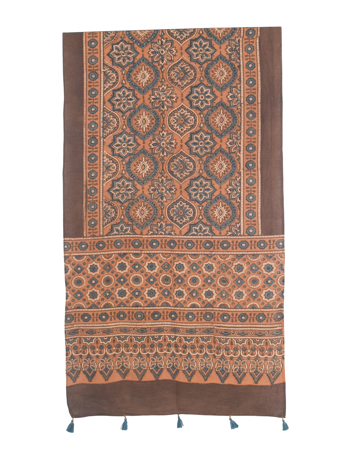 Ajrakh Cotton Natural Dye Hand Block Print Stole with Tassels - 2.1 Mtr Length   -  SKU : ID03901D