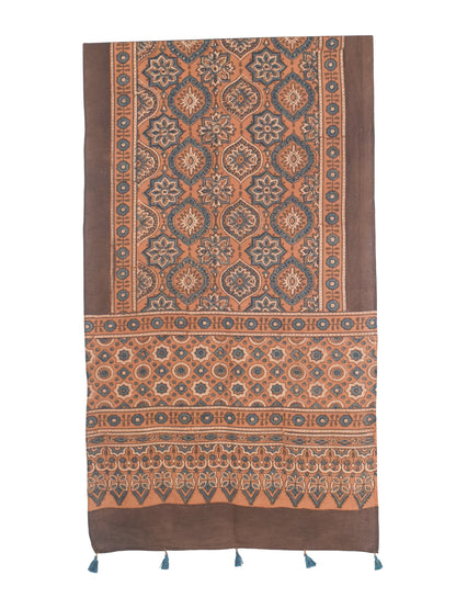 Ajrakh Cotton Natural Dye Hand Block Print Stole with Tassels - 2.1 Mtr Length   -  SKU : ID03901D