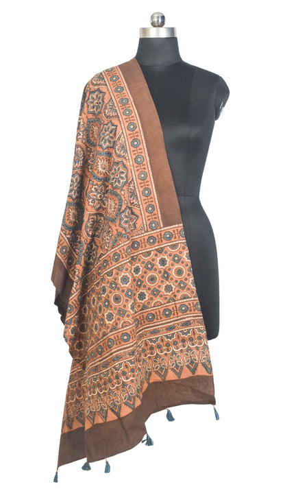 Ajrakh Cotton Natural Dye Hand Block Print Stole with Tassels - 2.1 Mtr Length   -  SKU : ID03901D