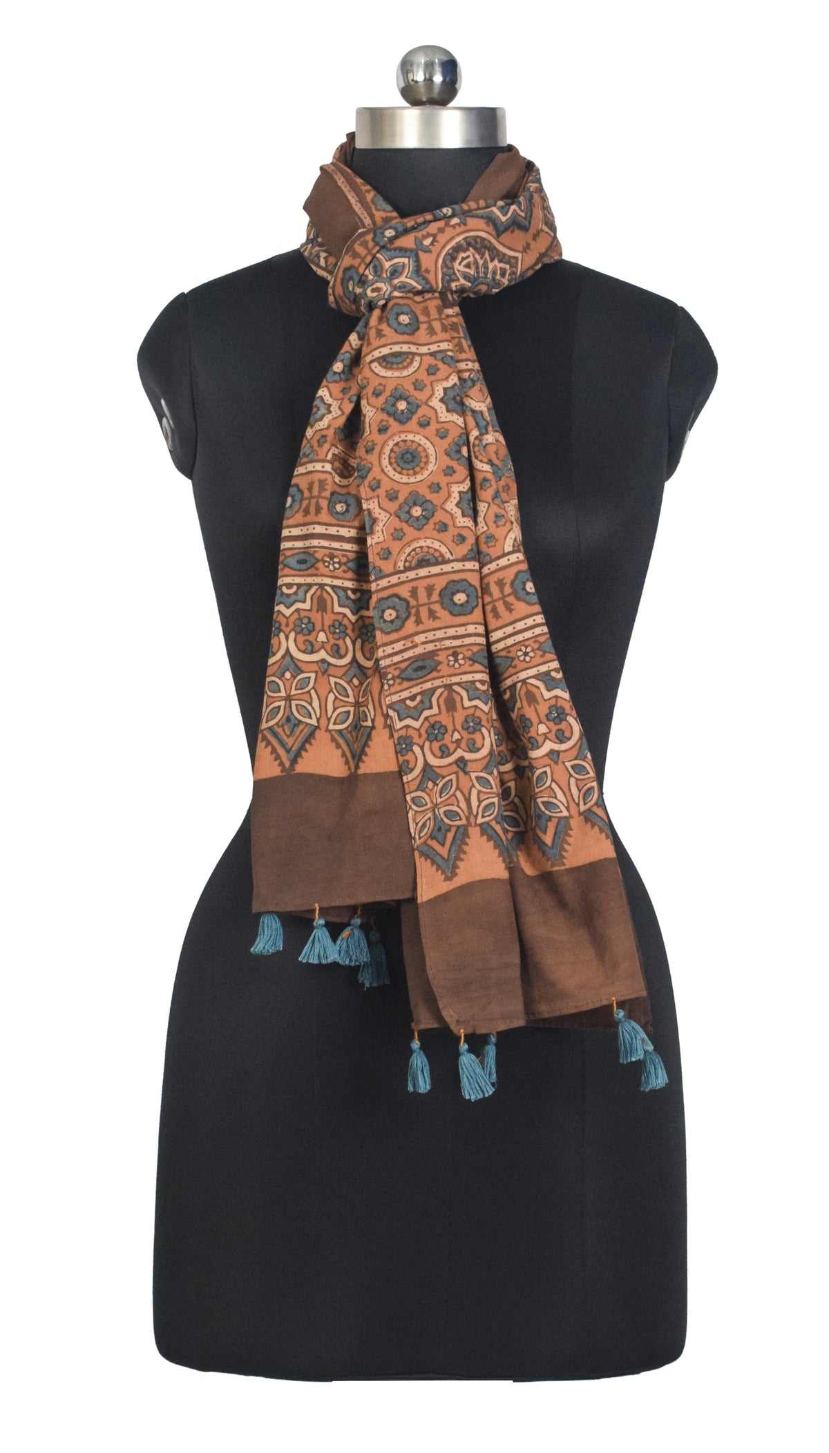 Ajrakh Cotton Natural Dye Hand Block Print Stole with Tassels - 2.1 Mtr Length   -  SKU : ID03901D
