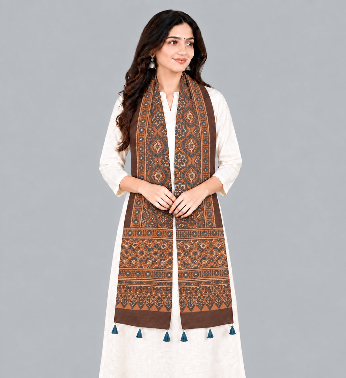 Ajrakh Cotton Natural Dye Hand Block Print Stole with Tassels - 2.1 Mtr Length   -  SKU : ID03901D