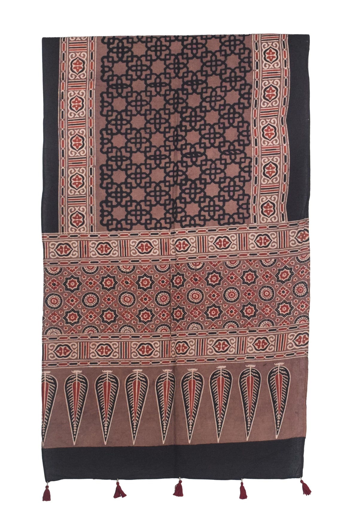 Ajrakh Cotton Natural Dye Hand Block Print Stole with Tassels - 2.1 Mtr Length   -  SKU : ID03901A