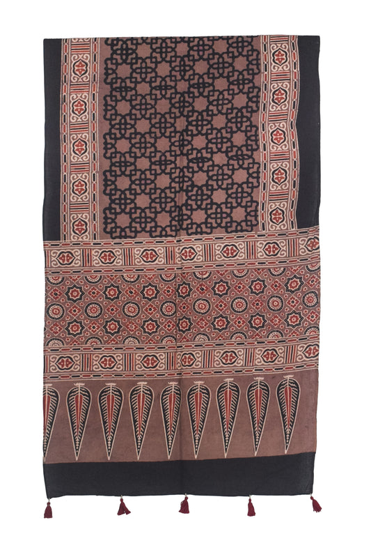 Ajrakh Cotton Natural Dye Hand Block Print Stole with Tassels - 2.1 Mtr Length   -  SKU : ID03901A