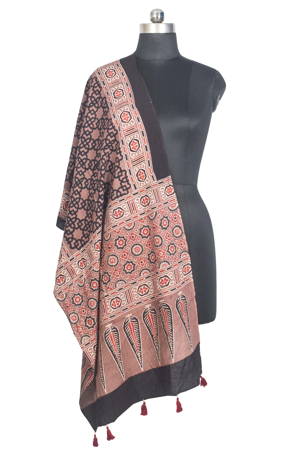 Ajrakh Cotton Natural Dye Hand Block Print Stole with Tassels - 2.1 Mtr Length   -  SKU : ID03901A